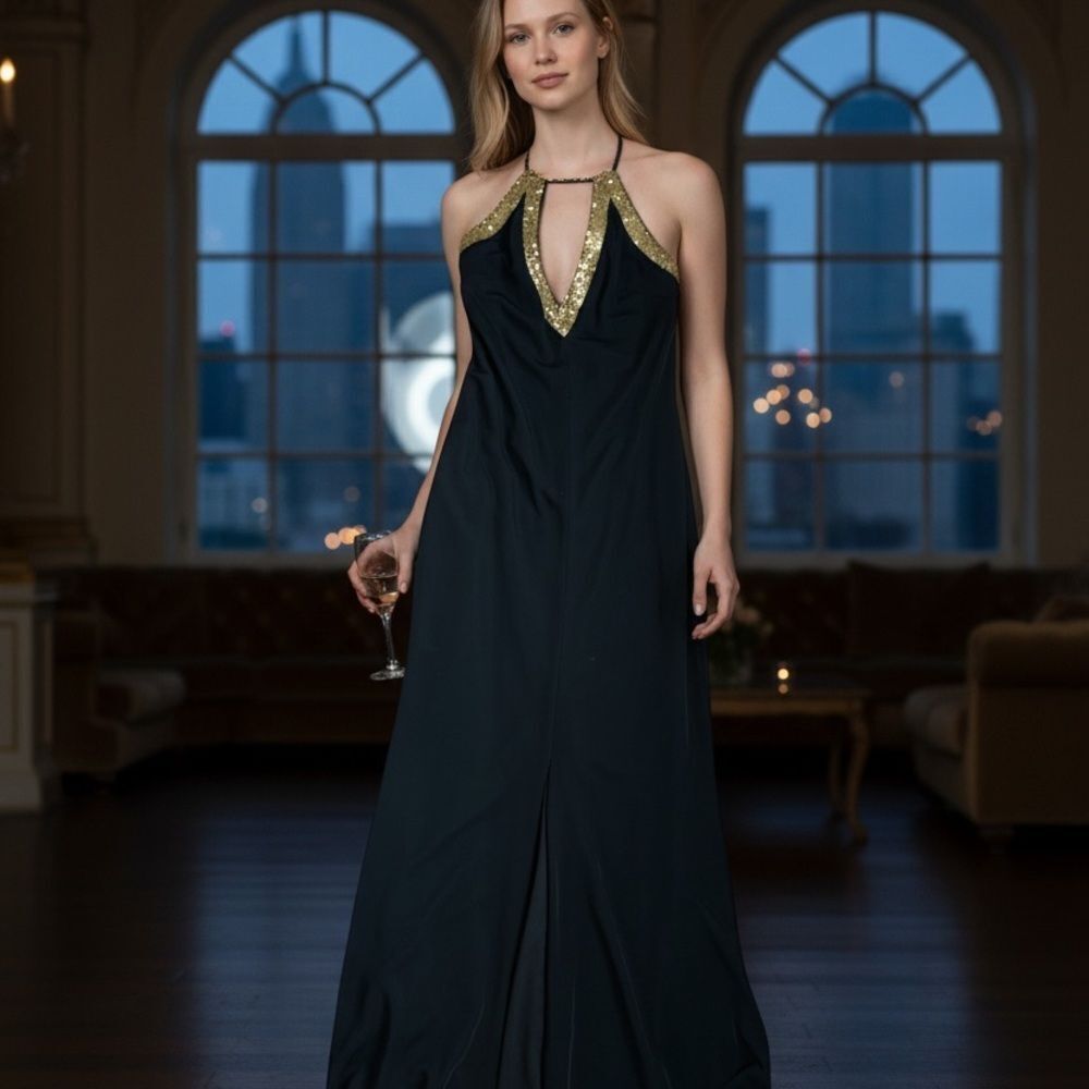 NWT Camille La Vie Black/Gold Sequin V-neck Halter Maxi Gown Dress size 8